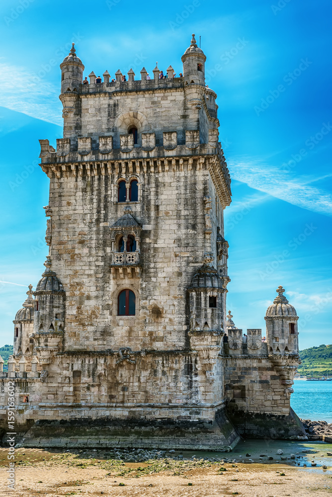 Lisbon, Portugal: the Belem tower, Torre de Belem on the bank of Tagus River 
