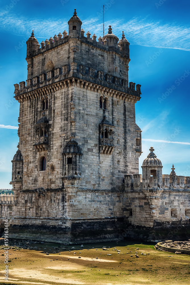 Lisbon, Portugal: the Belem tower, Torre de Belem on the bank of Tagus River 
