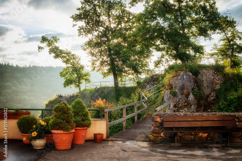 The cliff with vantage point of Burg Falkenstein above the Brenz river in the Eselsburger Valley (Eselsburger Tal) near Herbrechtingen, Germany.