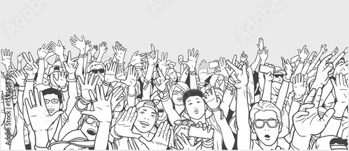 Illustration of festival crowd partying with raised hands