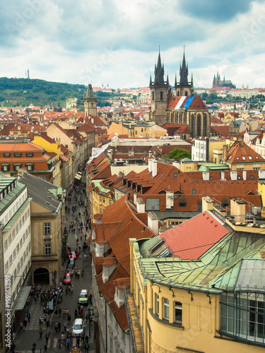  prague, view over tyn church with saint vit cathedral in the background taken from powder tower 