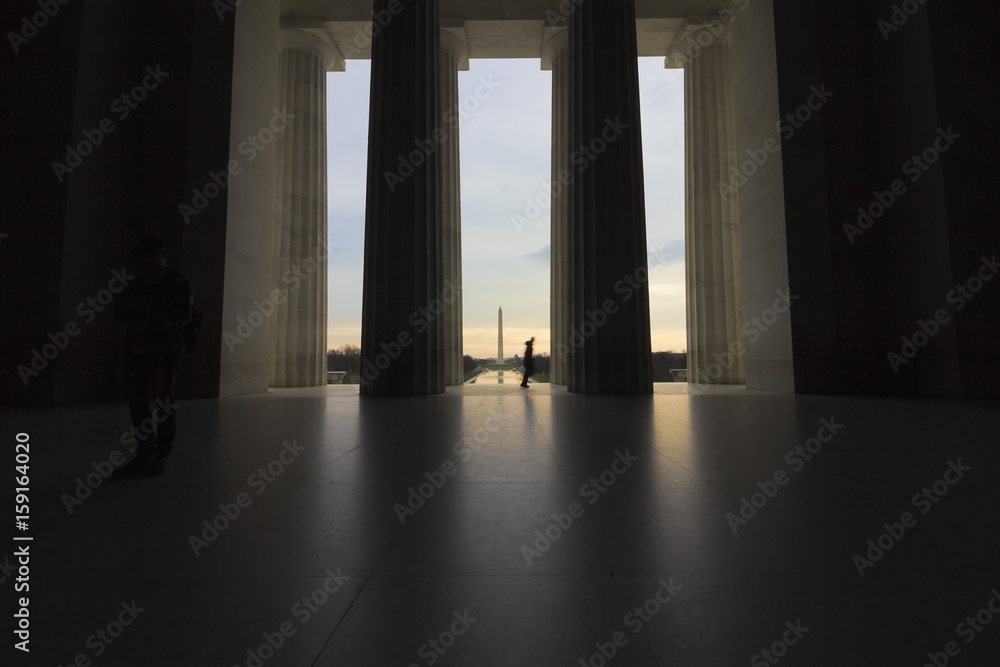Grand view out onto the National Mall in Washington from the classical central hall of the Lincoln Memorial
