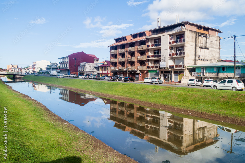 CAYENNE, FRENCH GUIANA - AUGUST 1, 2015: Canal Laussat in the center of Cayenne, capital of French Guiana.