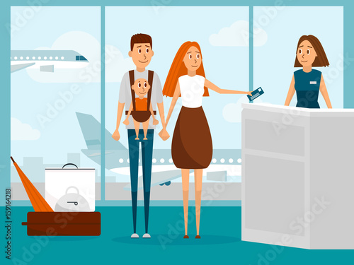 Family travel by plane with newborn baby for the first time. Parents with infant kid check-in for flight in airport. Family vacation concept. Vector illustration with cartoon people characters