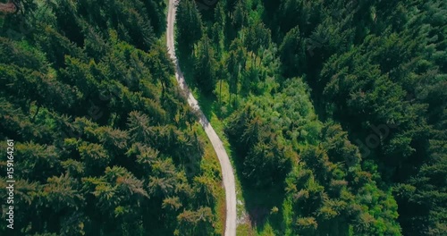 Luftaufnahme Strasse im Wald zu abgelegenem Haus, bewölkt und neblig
