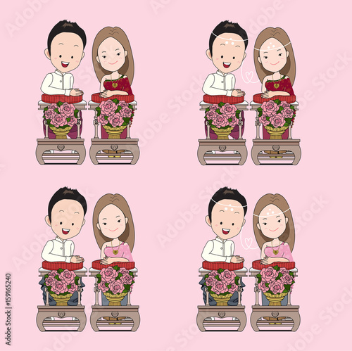 Thai wedding cartoon in blessed water traditional ceremony