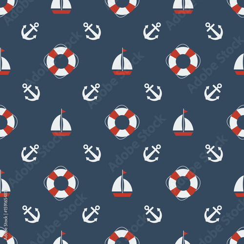 Summer seamless pattern with lifebuoys. Nautical seamless pattern with anchors, sailing boat, yachts.