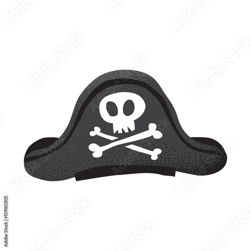 Cartoon style grunge classic pirate leather hat with skull and bones isolated vector illustration on white