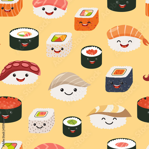 Sushi emoji seamless pattern, cartoon style. Emoticon kawaii character. Hand draw cute japanese food objects. Wallpaper with facial food icon. Colorful vector backdrop
