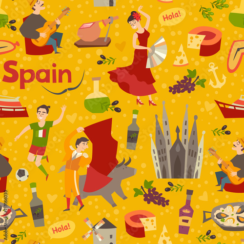 Spanish landmark pattern vector background. Hand draw backdrop with Spain icon. Cartoon abstract seamless pattern. Wallpaper with flamenco, guitar, bullfight and food