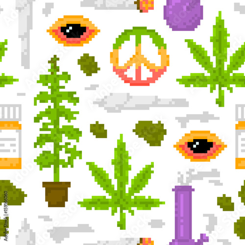Pixel art game style medical marijuana objects weed seamless vector pattern white