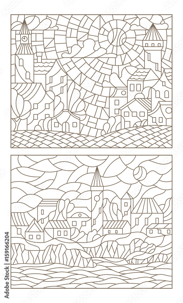 Set contour illustrations of the stained glass Windows with city scenery