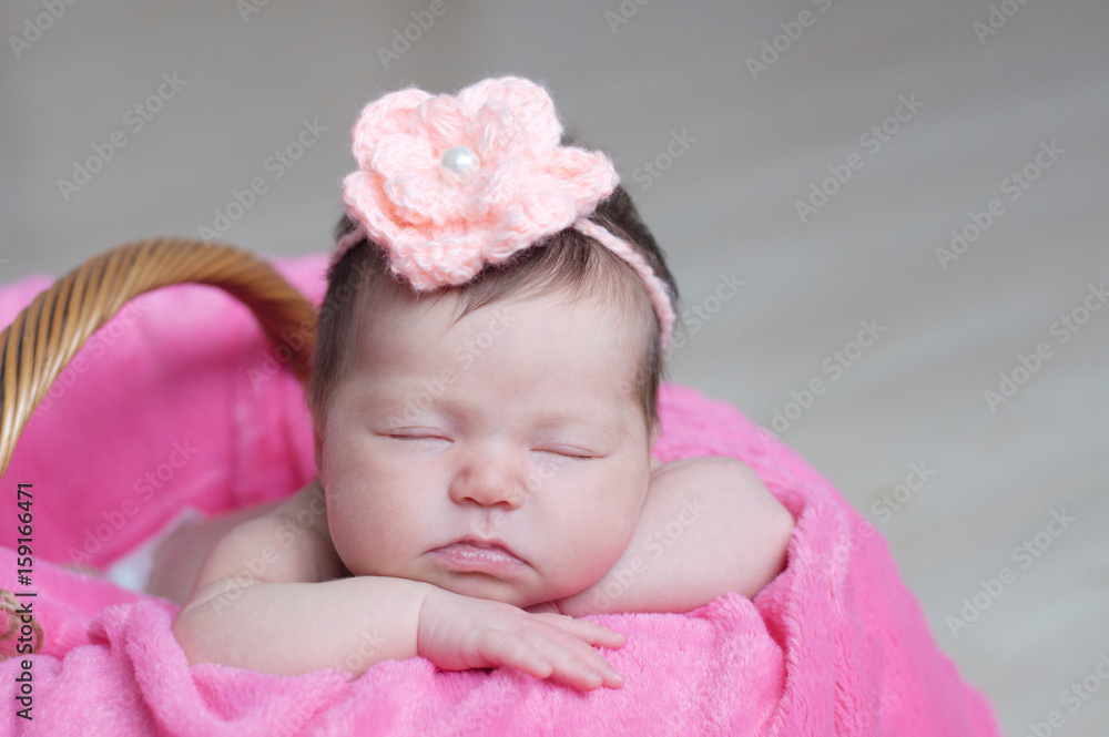 Newborn sleeping with knitted flower on head. Infant baby girl closeup lying on pink blanket in basket. Cute portrait of new child. Newborn sleeping with knitted flower on head. Infant baby girl closeup lying on pink blanket in basket. Cute portrait of new child.
