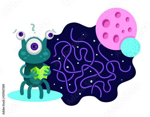 Help cute alien to find way to Pink Planet! Vector maze game.