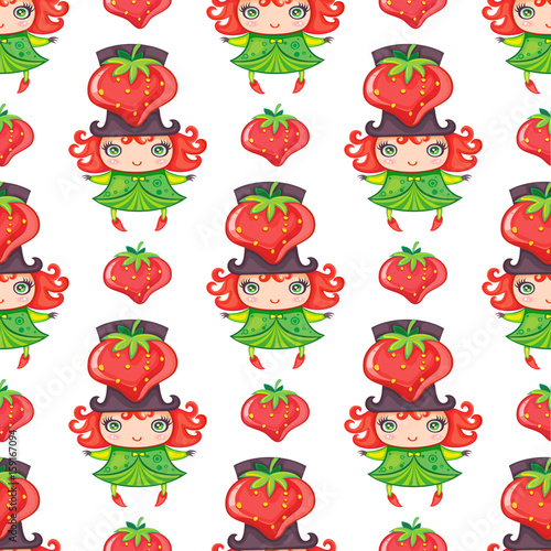 Seamless colorful pattern with cute little girl dressed fruity costume, wearing Strawberry hat. Endless texture isolated on white background. Can be used as wallpaper or wrapping paper
