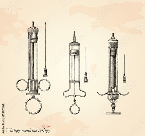Vintage medicine syringe hand drawing,Antique medicine syringe