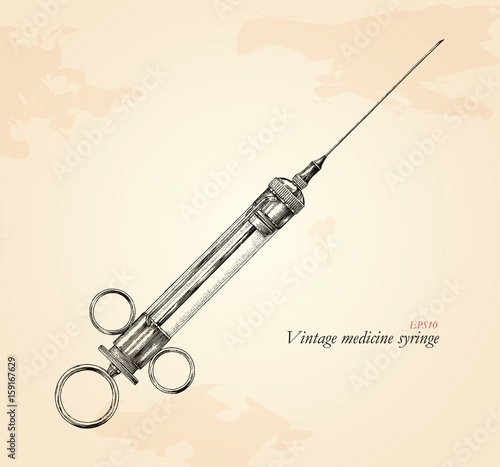 Vintage medicine syringe hand drawing,Antique medicine syringe