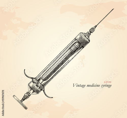 Vintage medicine syringe hand drawing,Antique medicine syringe
