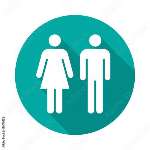 Man and woman circle icon with long shadow. Flat design style. Man and woman simple silhouette. Modern round icon in stylish colors. Web site page and mobile app design vector element.