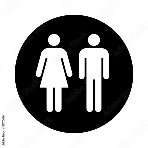 Man and woman circle icon. Black round icon isolated on white background. Man and woman simple silhouette. Web site page and mobile app design vector element.