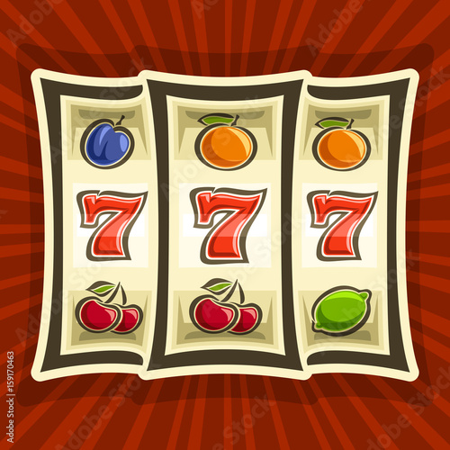Vector poster for Slot Machine theme: gambling logo for online casino on background of rays of light, gamble game icon with classic bonus win 777, on reel of slot machine classic fruit lucky symbols.