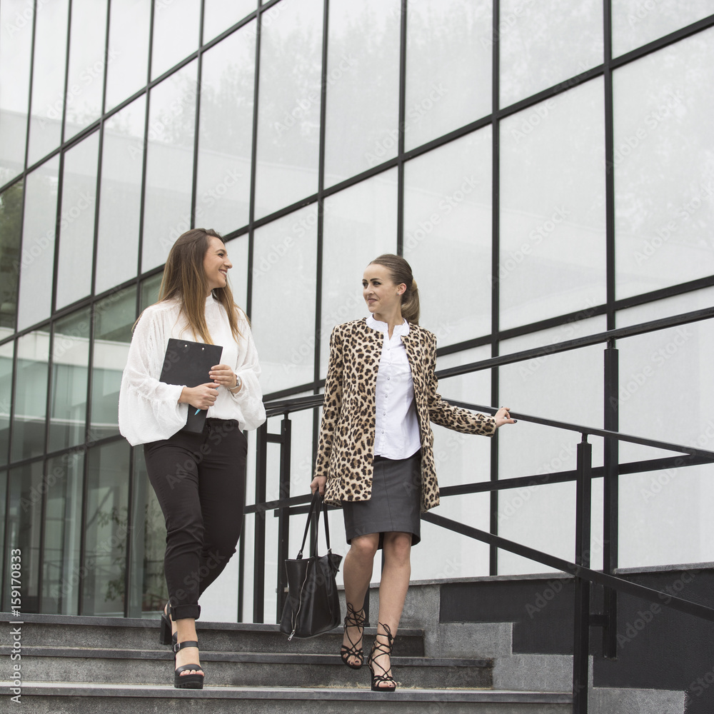 Modern business woman. Businesswomen having an informal meeting. Portrait of smiling pretty young business women. Outdoor office. Modern business woman. Businesswomen having an informal meeting. Portrait of smiling pretty young business women. Outdoor office.