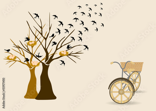 tree with birds flying out and birds nest background. wooden retro bicycle. vector illustration