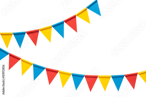 Colorful paper bunting party flags isolated on white background