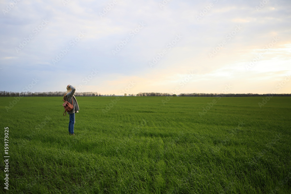 Girl in the field, greens, grass, nature, sunset, sky, inspiration, outdoors