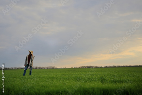 Woman in green field sunset, nature, outdoors, space