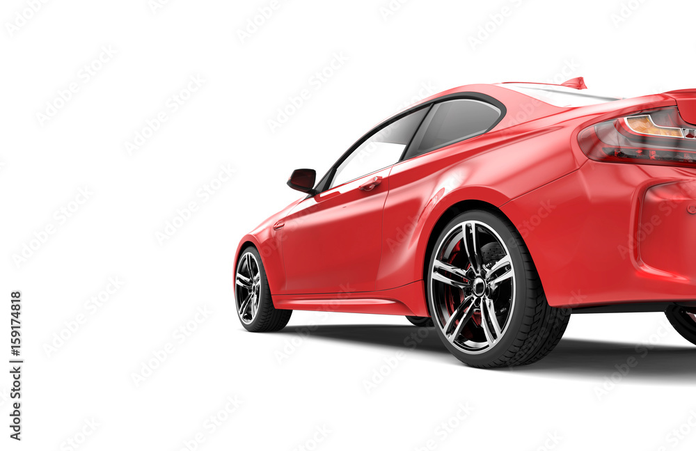 Back of a red luxury car isolated on a white background