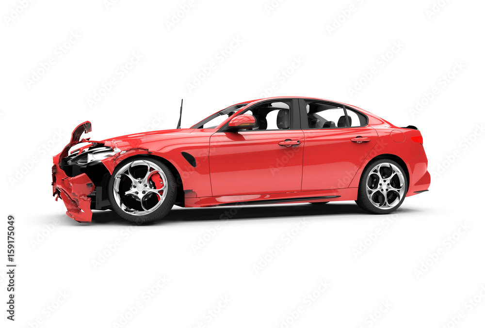 Red car crash on a white background