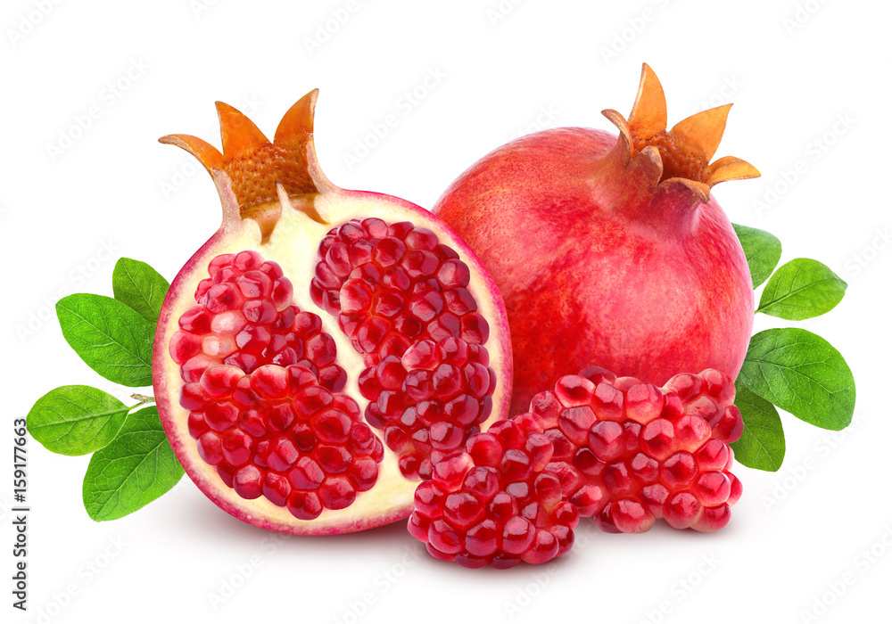 Pomegranate isolated. Group of pomegranates with leaves isolated on white background with clipping path Pomegranate isolated. Group of pomegranates with leaves isolated on white background with clipping path