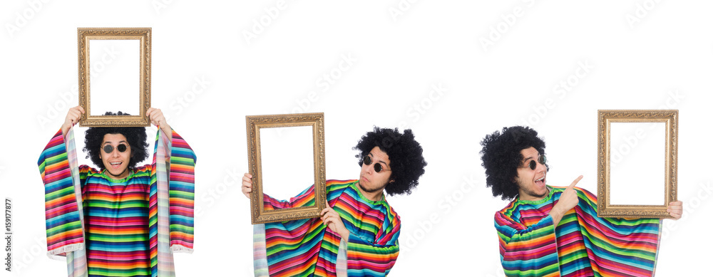 Fototapeta premium Funny mexican with photo frame isolated on white