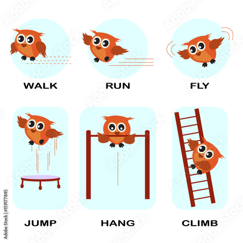 verb word vector background for preschool.verb set (walk run fly jump hang climb).vector illustration.