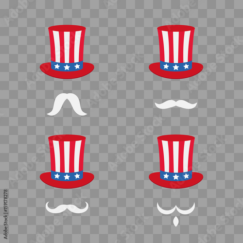 Uncle Sam's hat. Symbol of freedom and liberty. Cartoon Cute Headband with a mustache. Vector illustration isolated on transparent checkered.