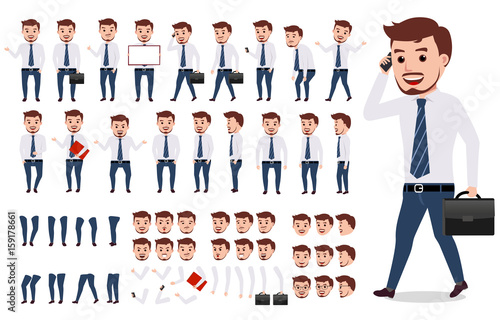 Business man character creation set. Male vector character walking and calling wearing formal office attire with gestures, poses and faces isolated in white. Vector illustration.
