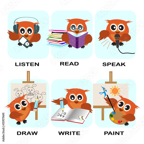 verb word vector background for preschool.verb set listen read speak draw  write paint.vector illustration. vector de Stock | Adobe Stock