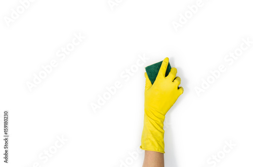 Isolated woman's hand cleaning on a white background. Cleaning or housekeeping concept background. Frame for text or advertising