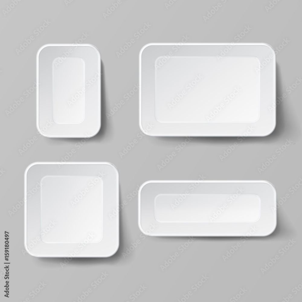 Realistic Food Container Set Vector. Empty Plastic Food Square Container. Good For Package Design. Empty Mock Up Vector Illustration Realistic Food Container Set Vector. Empty Plastic Food Square Container. Good For Package Design. Empty Mock Up Vector Illustration