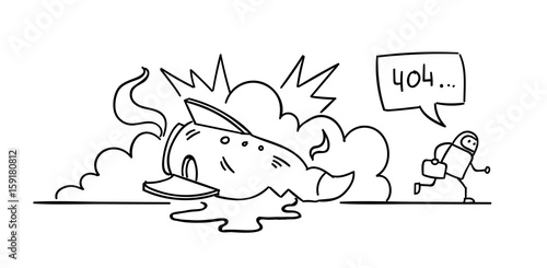 Error page 404 not found Crash accident with missile rocket Cosmonaut running repairs hand drawn style by line. Pencil or marker