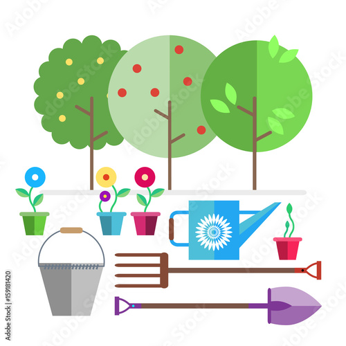 Garden. Fruit trees. Seedlings flowers in pots. Garden tools bucket, watering can, forks, shovel.
