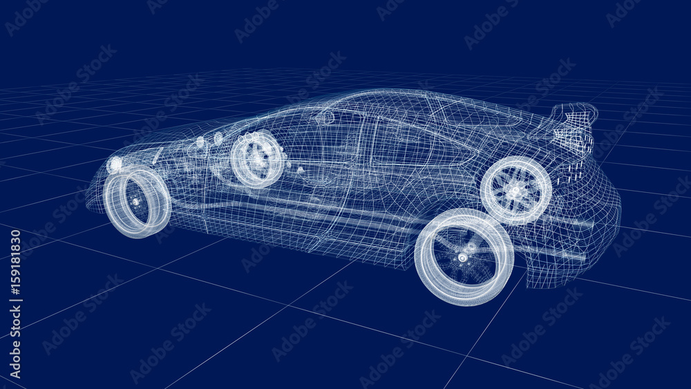 Naklejka premium Transparent car design, wire model.3D illustration. My own car design.