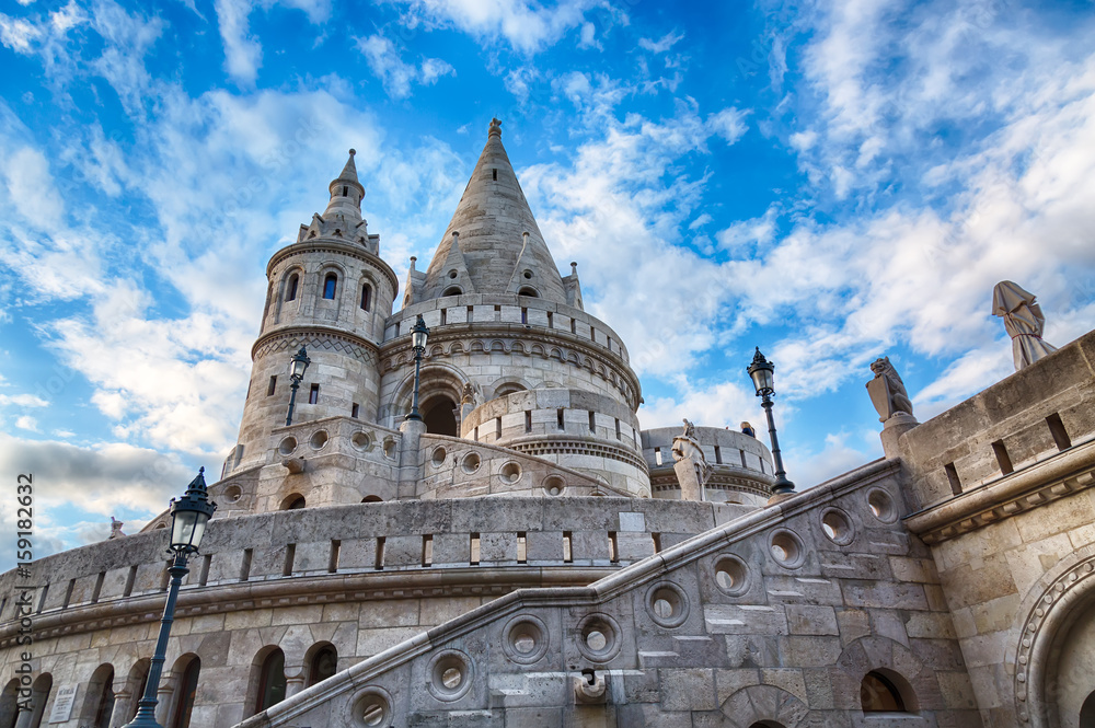 Fishermen's Bastion in Budapest with blue sky and clouds