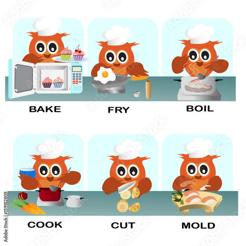 verb word vector background for preschool.verb set (bake fry boil cook