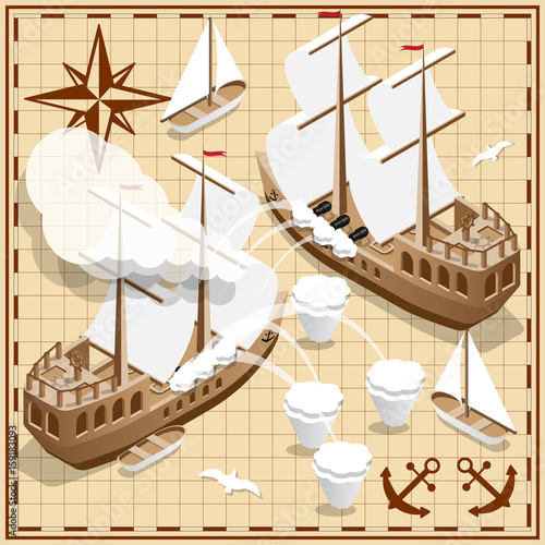 Battleship on the old map. Isometric. Vector illustration.