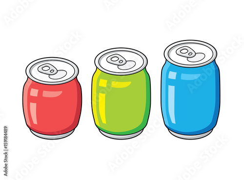 Red, green and blue beer, cola or soda soft drink cans isolated.