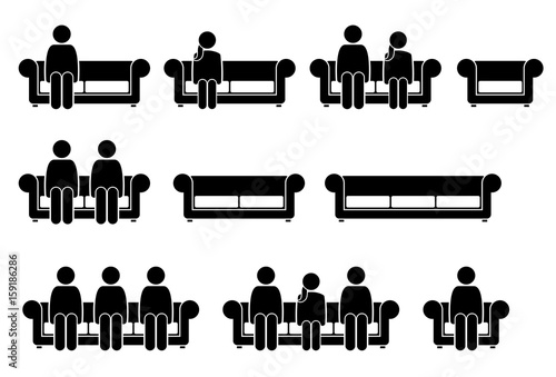 People Sitting on Chair Sofa. Pictogram depicts man and woman sitting on couch.