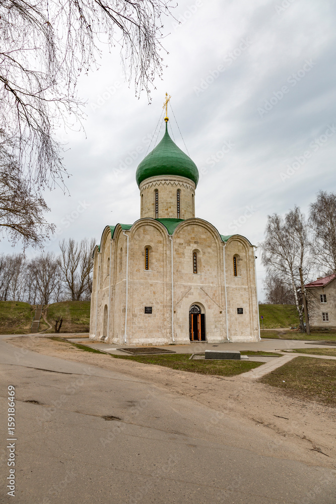 PERESLAVL-ZALESSKY, RUSSIA - APRIL 26, 2017: The building of the Spaso-Preobrazhensky Cathedral. Was founded by Yury Dolgoruky in 1152
