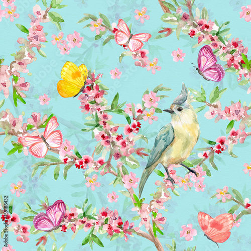 graceful seamless texture with pretty bird on flowering branch. watercolor painting
